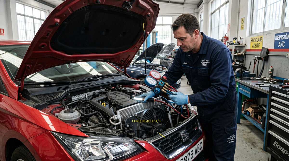 Inspección del condensador del aire acondicionado del coche en taller profesional para detectar fallos y mantener el sistema de climatización en perfecto estado.