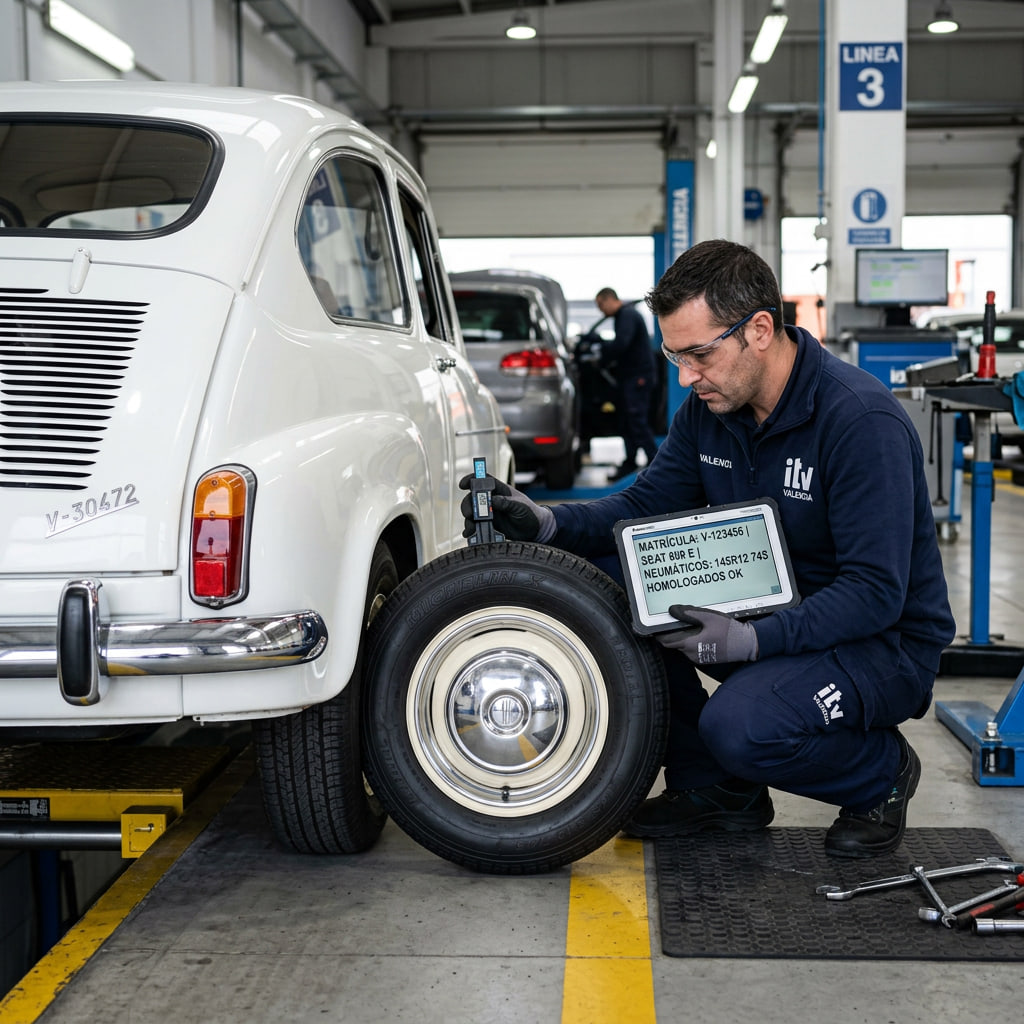 Técnico de ITV revisando neumáticos equivalentes homologados en coche clásico para comprobar medidas, profundidad del dibujo y cumplimiento de normativa vigente.