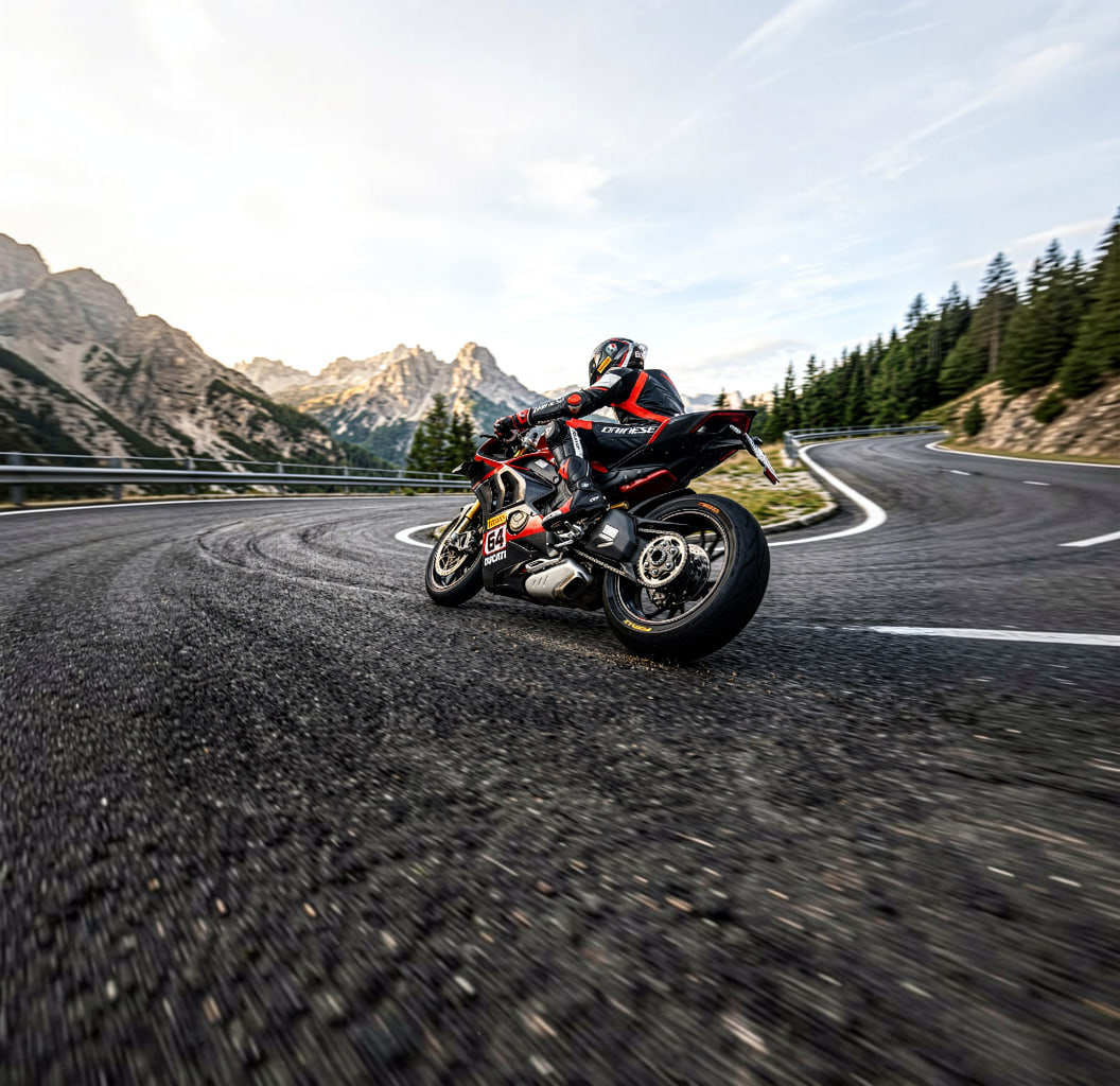 Moto deportiva inclinando en carretera de montaña con neumáticos Pirelli Diablo Rosso 3, destacando agarre, estabilidad y precisión en conducción deportiva sobre asfalto seco.