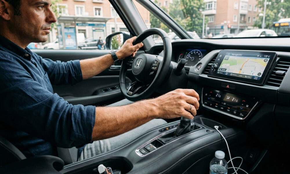 Primer plano realista del selector automático de una caja CVT con la mano del conductor cambiando a posición D para conducción urbana diaria.