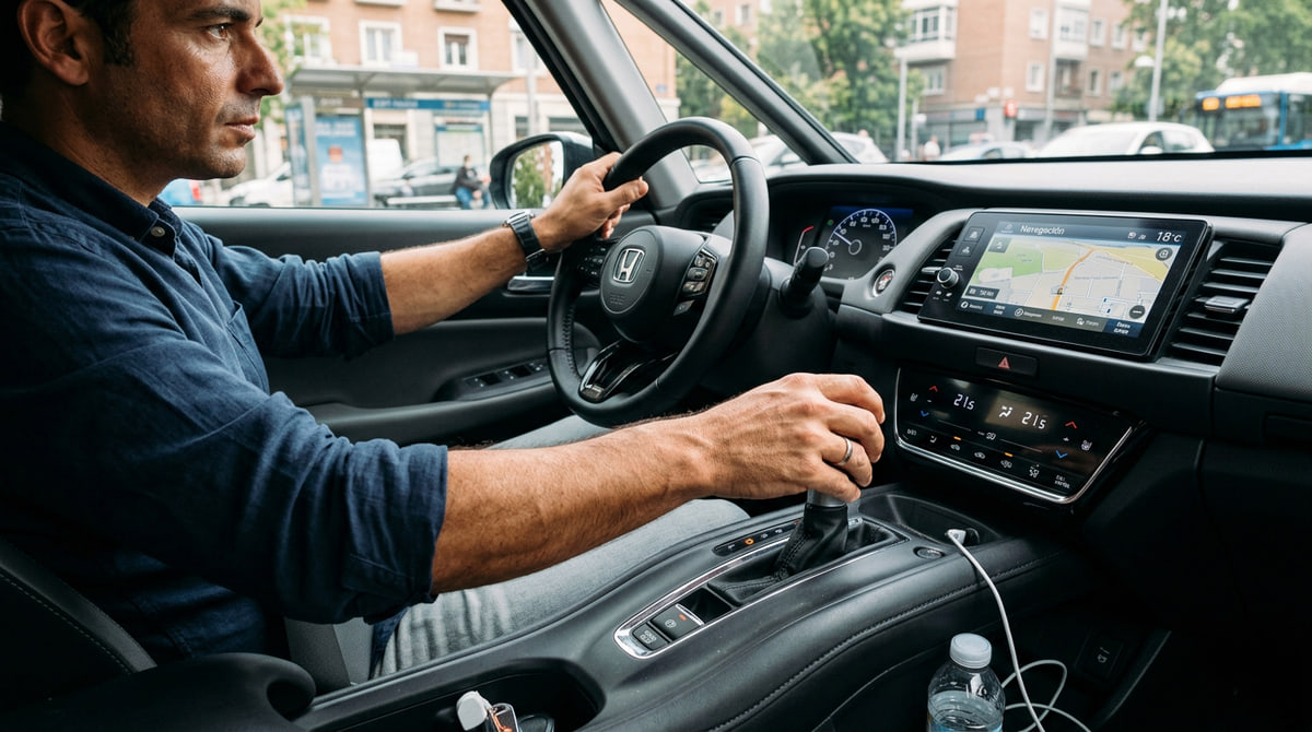 Primer plano realista del selector automático de una caja CVT con la mano del conductor cambiando a posición D para conducción urbana diaria.