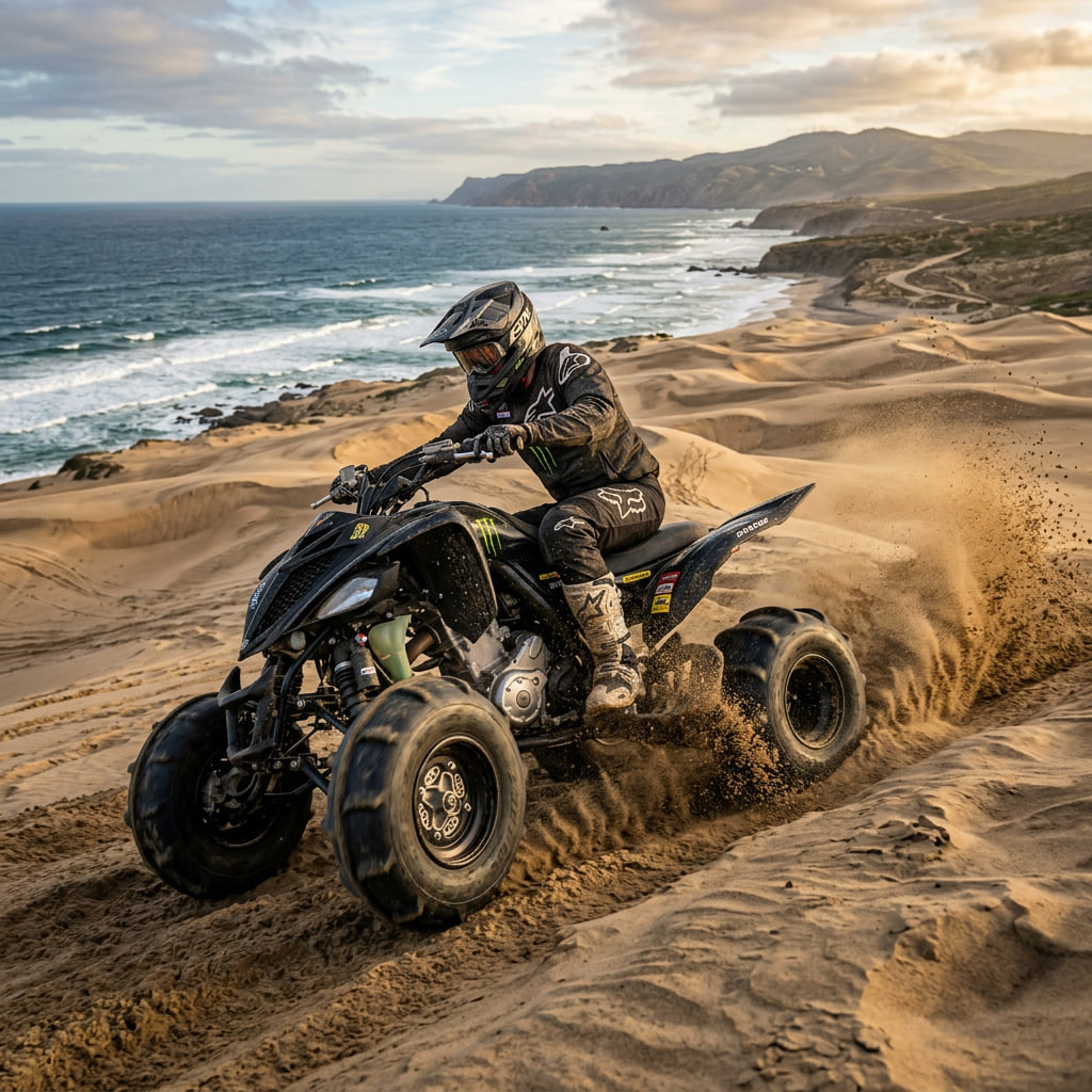 Quad ATV circulando sobre arena con neumáticos específicos para dunas y playas, diseñados para mejorar flotación y tracción. Imagen orientada a explicar cubiertas especiales para terrenos arenosos.