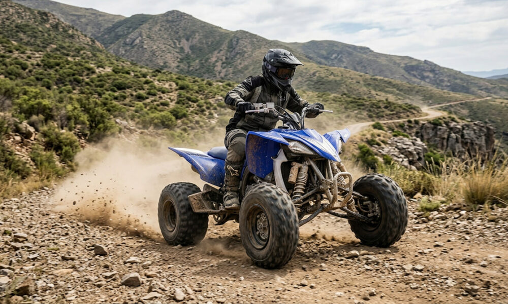 Quad deportivo equipado con neumáticos equivalentes homologados circulando por caminos de montaña. Imagen ideal para ilustrar seguridad, estabilidad y correcto cálculo de equivalencia neumaticos quad en rutas offroad. muchoneumatico.com