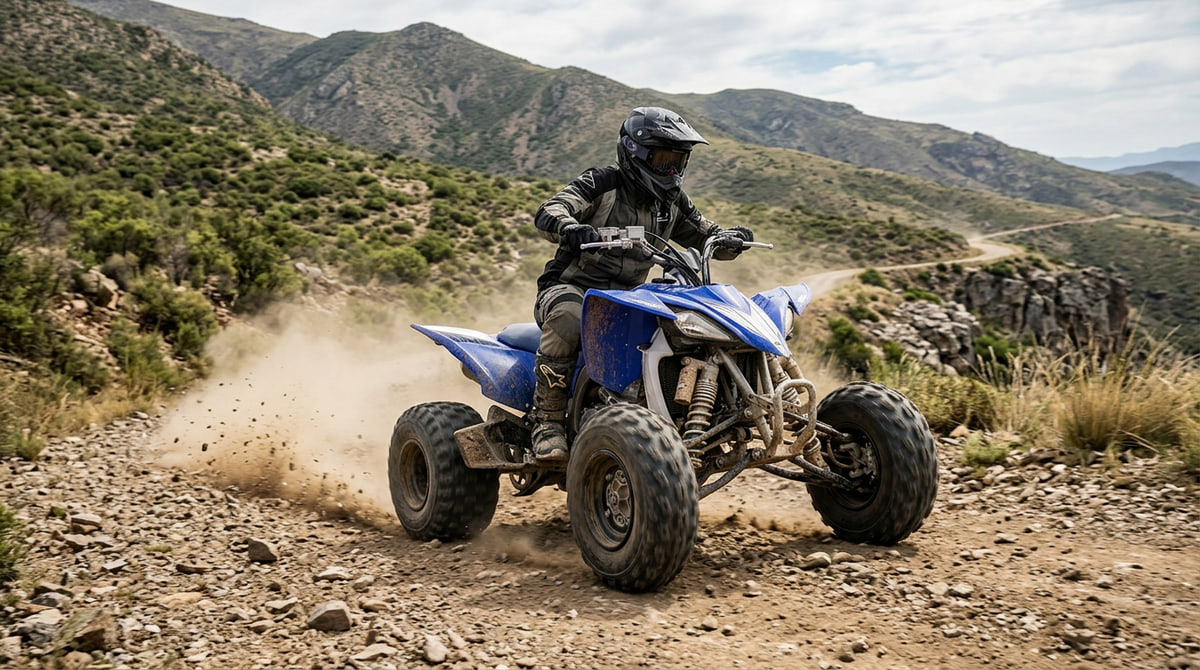 Quad deportivo equipado con neumáticos equivalentes homologados circulando por caminos de montaña. Imagen ideal para ilustrar seguridad, estabilidad y correcto cálculo de equivalencia neumaticos quad en rutas offroad. muchoneumatico.com