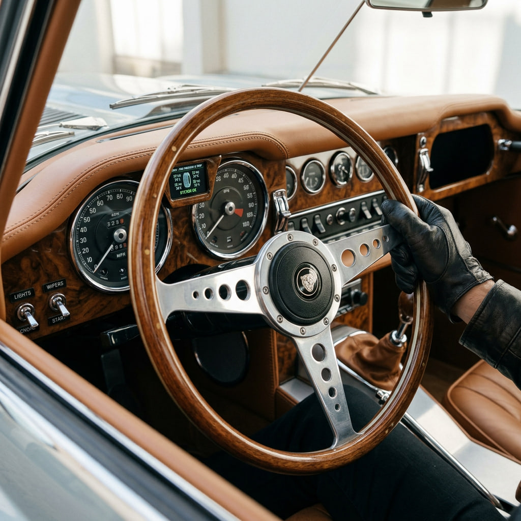 Interior de coche clásico con sistema TPMS moderno para controlar la presión de neumáticos equivalentes y mejorar la seguridad sin perder el estilo vintage original