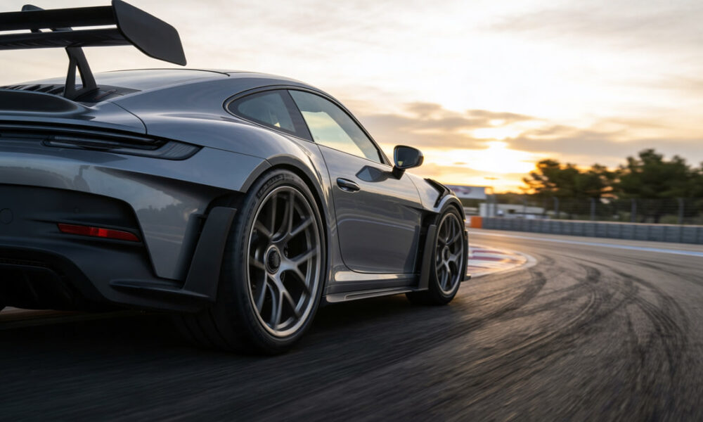 Deportivo de altas prestaciones utilizando neumáticos Michelin Pilot Sport Cup 2 R durante una conducción extrema en pista seca con máximo agarre.