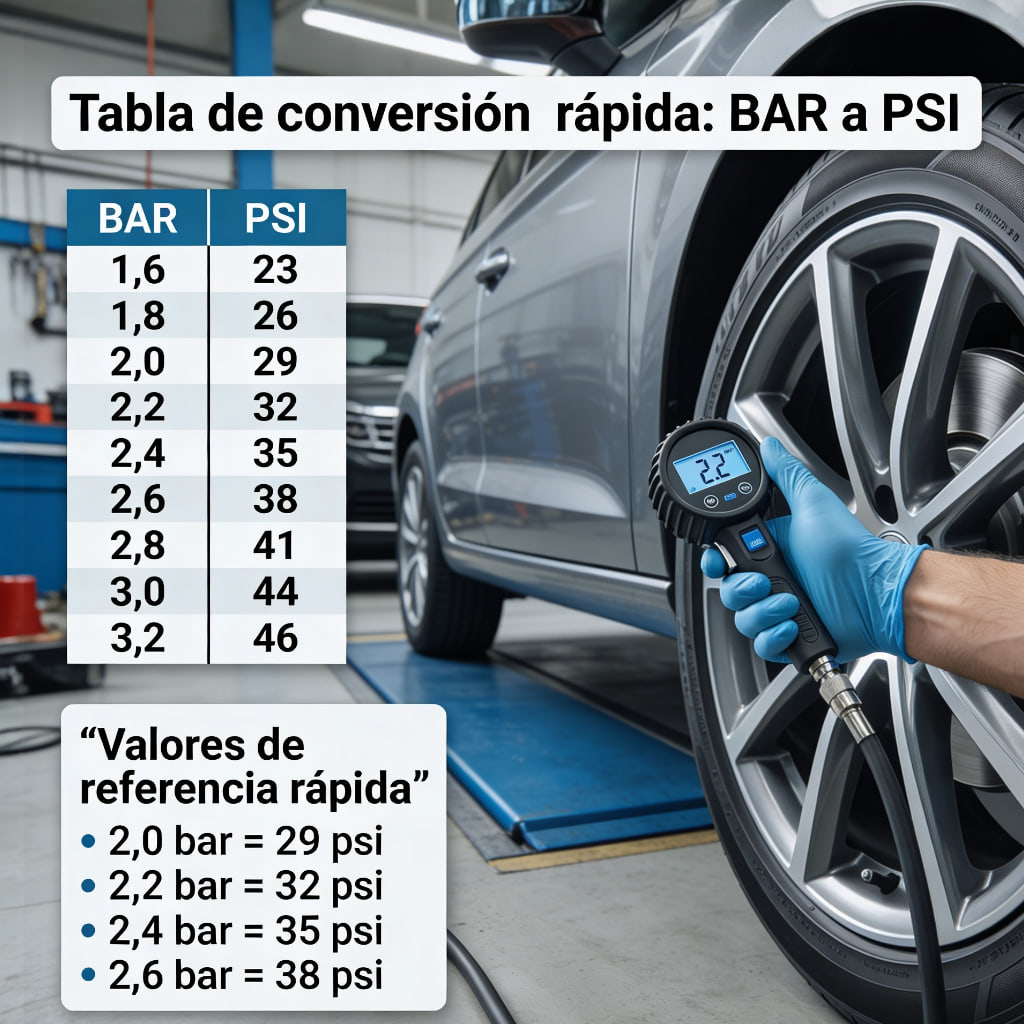 Imagen educativa con tabla rápida de conversión PSI a BAR para neumáticos, ideal para entender la presión correcta y evitar errores de inflado.
