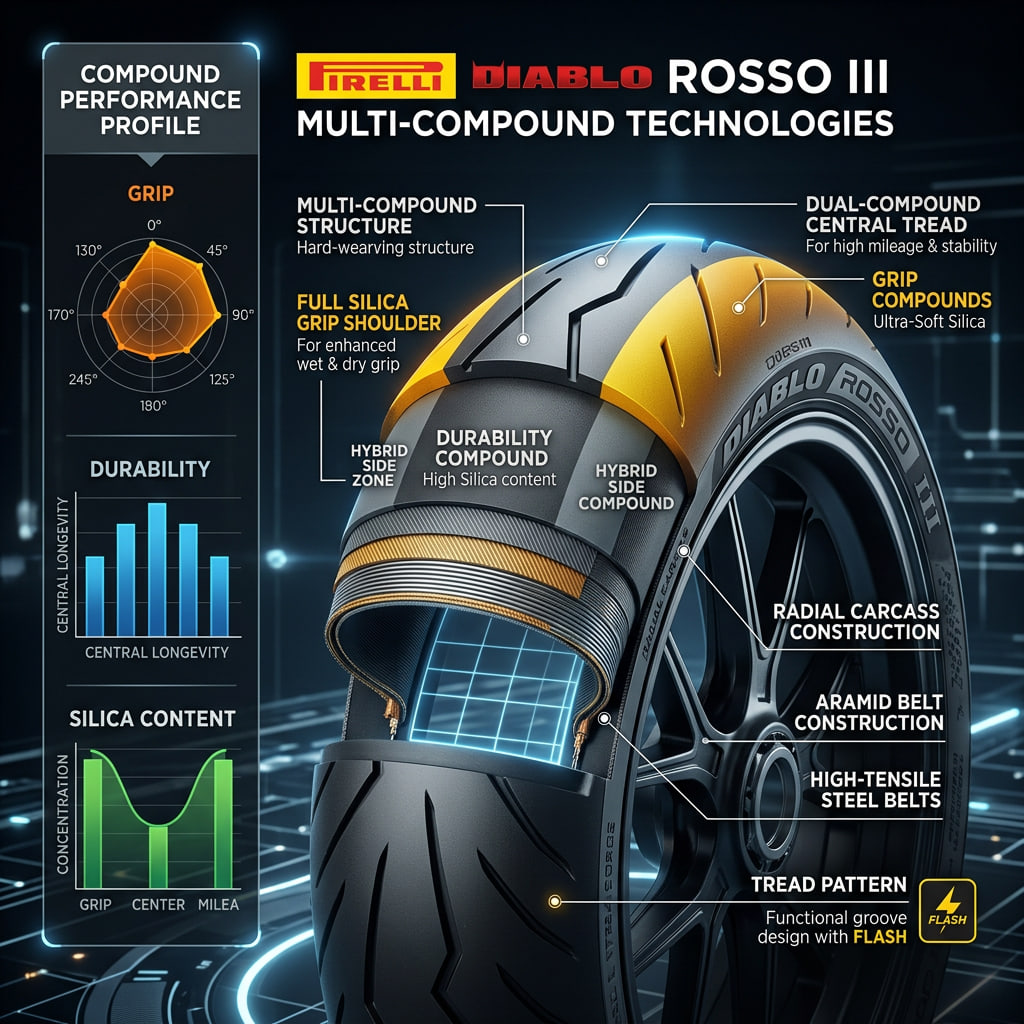 Infografía técnica mostrando las zonas multicompuesto del Pirelli Diablo Rosso 3 para mejorar agarre, estabilidad y durabilidad en conducción deportiva.