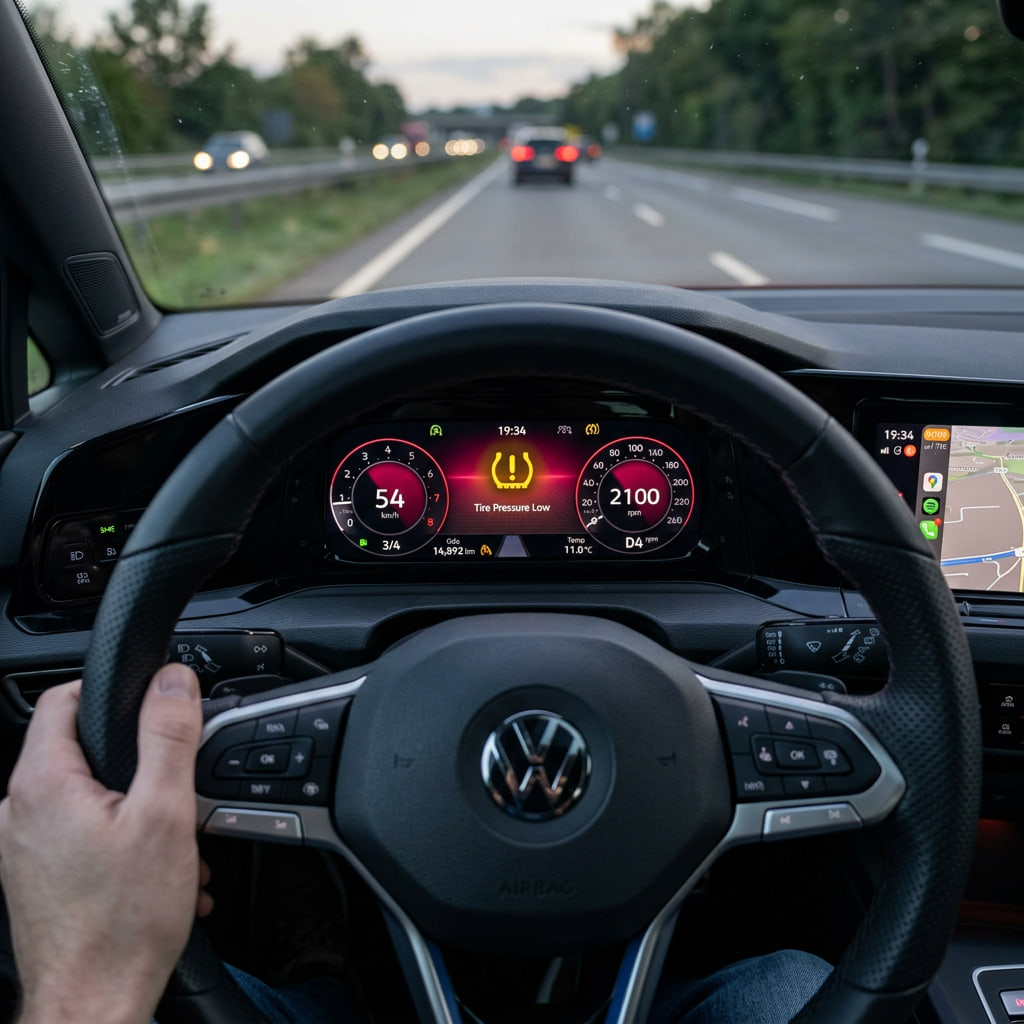 Advertencia visual del sistema TPMS indicando presión baja en una rueda y la necesidad de revisar los neumáticos cuanto ante