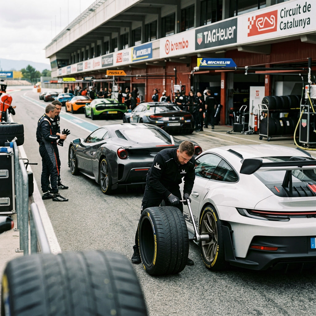 Jornada de track day con coches deportivos montando neumáticos Michelin Pilot Sport Cup 2 y Cup 2 R preparados para conducción extrema en circuito.