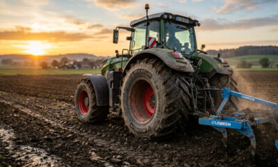 Tractor moderno equipado con equivalencia neumaticos agricola trabajando sobre terreno agrícola con máxima tracción, estabilidad y menor compactación del suelo gracias a neumáticos homologados y tecnología avanzada.