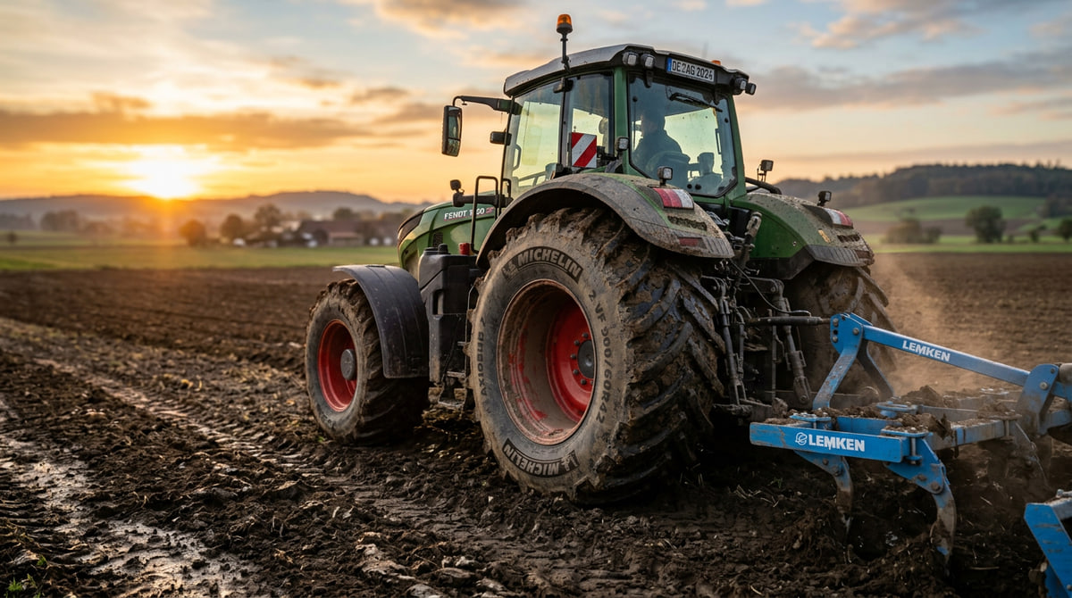 Tractor moderno equipado con equivalencia neumaticos agricola trabajando sobre terreno agrícola con máxima tracción, estabilidad y menor compactación del suelo gracias a neumáticos homologados y tecnología avanzada.