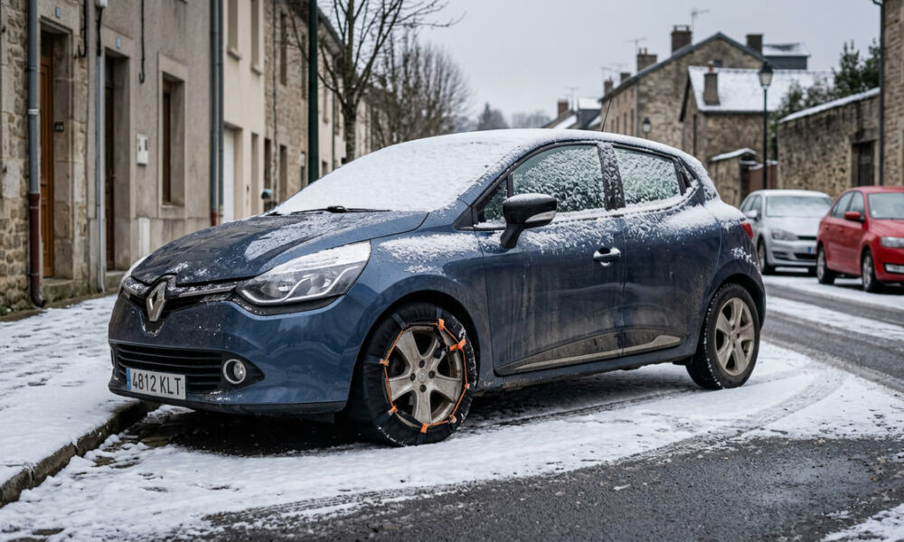 Coche aparcado con cadena textil instalada en la rueda sobre nieve ligera en entorno real.