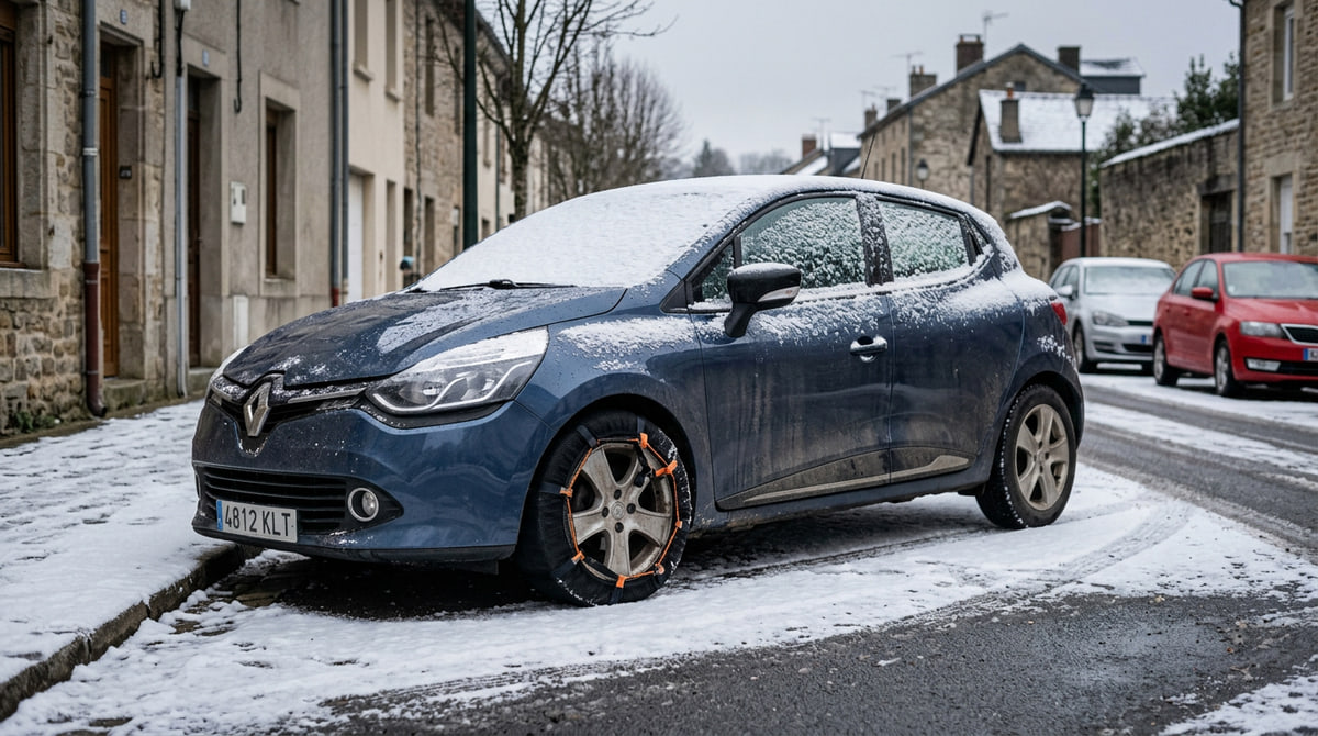 Coche aparcado con cadena textil instalada en la rueda sobre nieve ligera en entorno real.