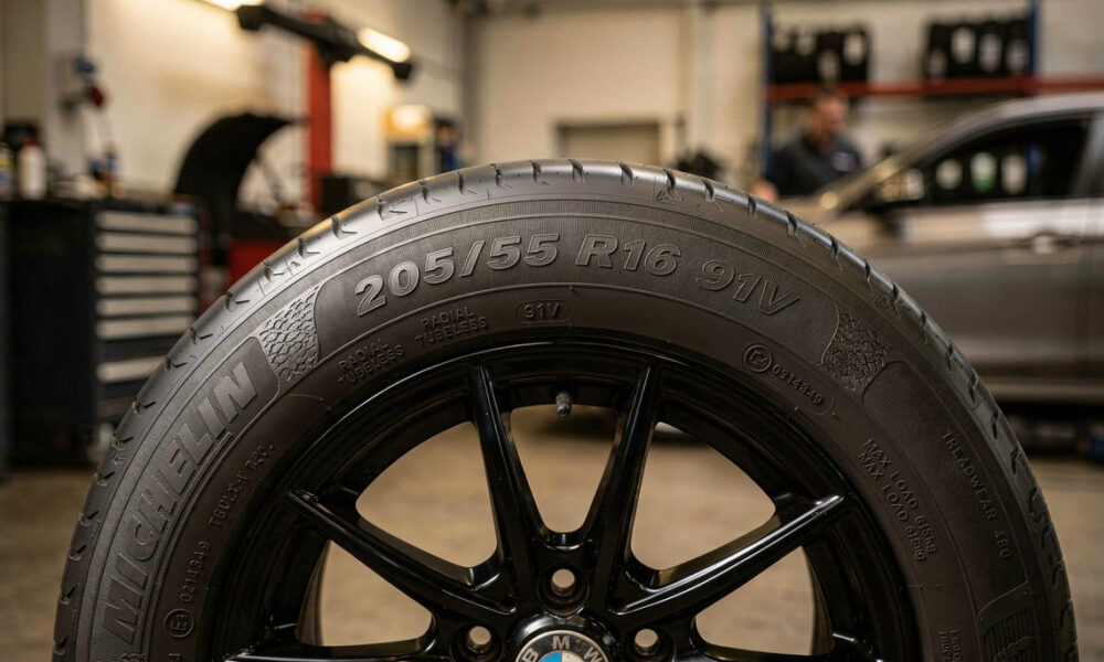 Primer plano del flanco de un neumático donde se aprecia claramente la medida 205/55 R16 91V, mostrando cómo leer el ancho, perfil, diámetro, índice de carga y código de velocidad.