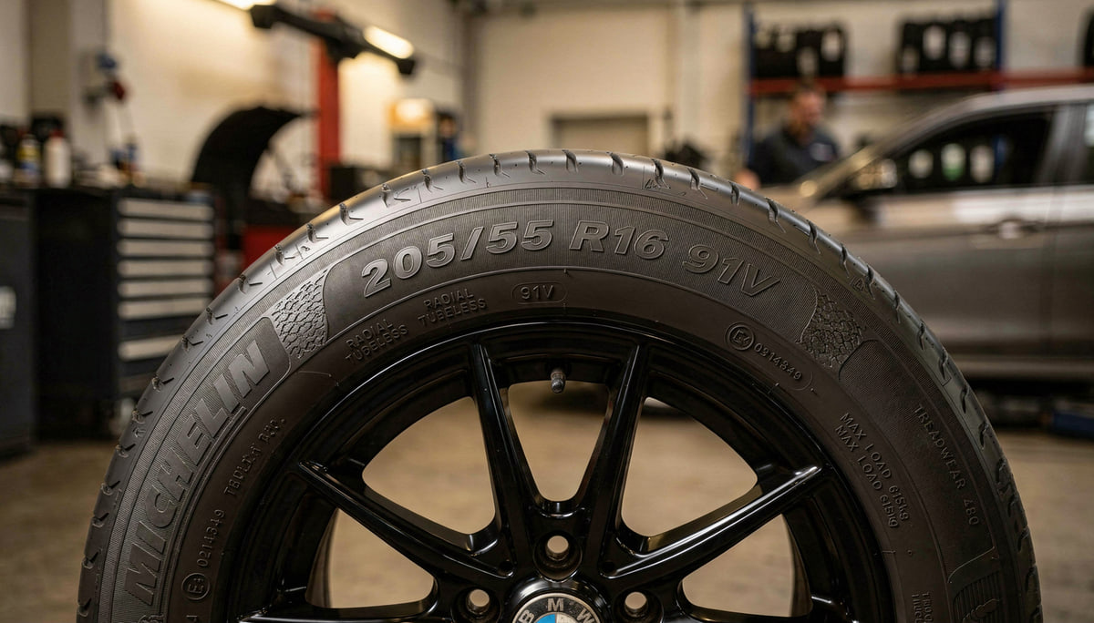 Primer plano del flanco de un neumático donde se aprecia claramente la medida 205/55 R16 91V, mostrando cómo leer el ancho, perfil, diámetro, índice de carga y código de velocidad.