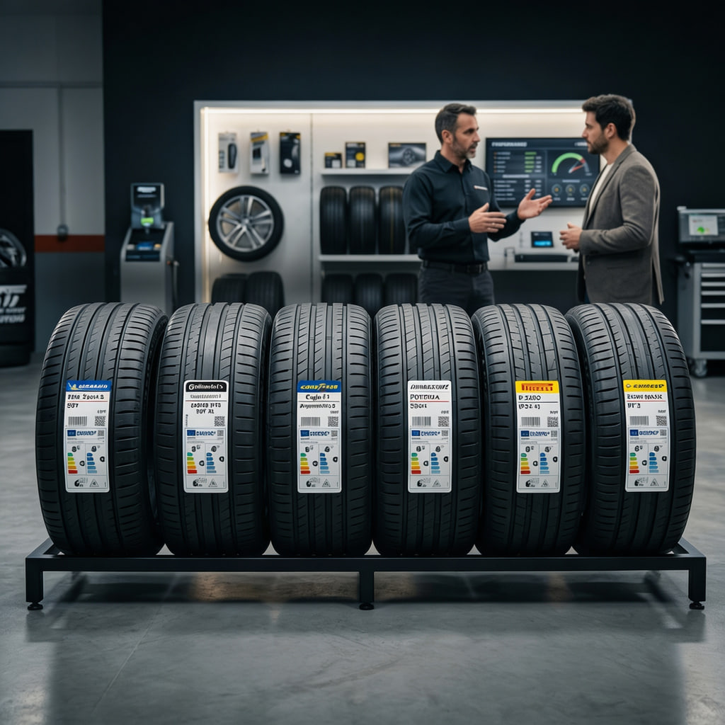 Comparativa visual de neumáticos de marcas reconocidas como Michelin, Goodyear, Continental y Pirelli con etiqueta europea visible, ideal para elegir con confianza según agarre, eficiencia y calidad.