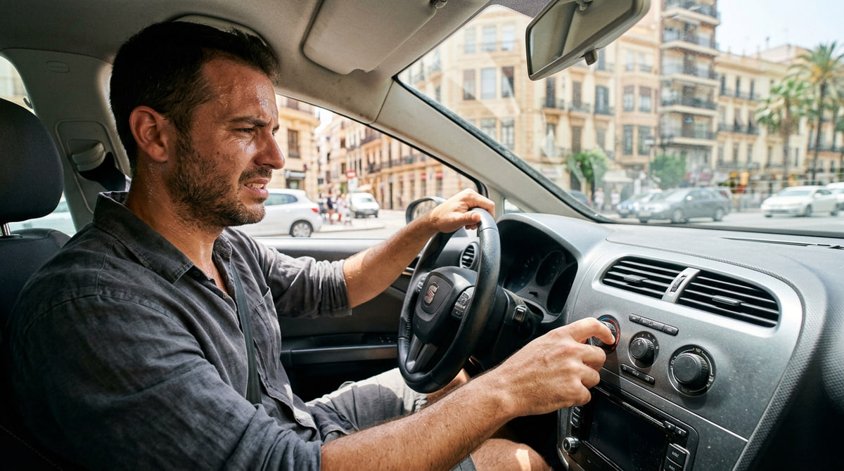 Conductor incómodo en pleno verano dentro del coche intentando ajustar el aire acondicionado sin éxito.