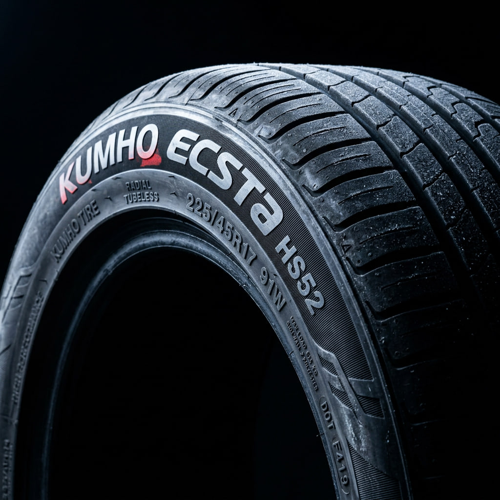 Detalle del flanco del Kumho Ecsta HS52 con marca y modelo claramente visibles.