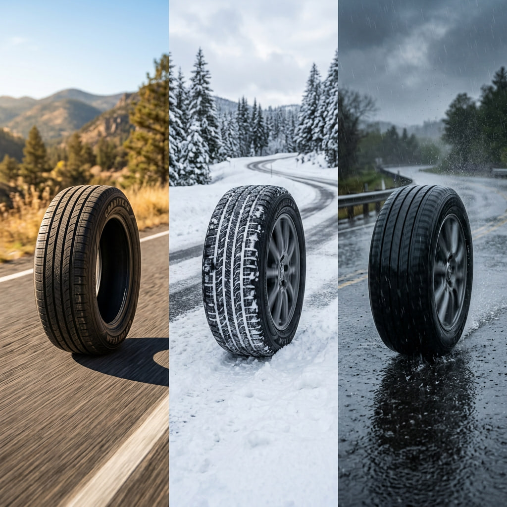 Comparativa visual de neumáticos en seco, nieve y lluvia mostrando diferencias entre verano, invierno y todo tiempo.