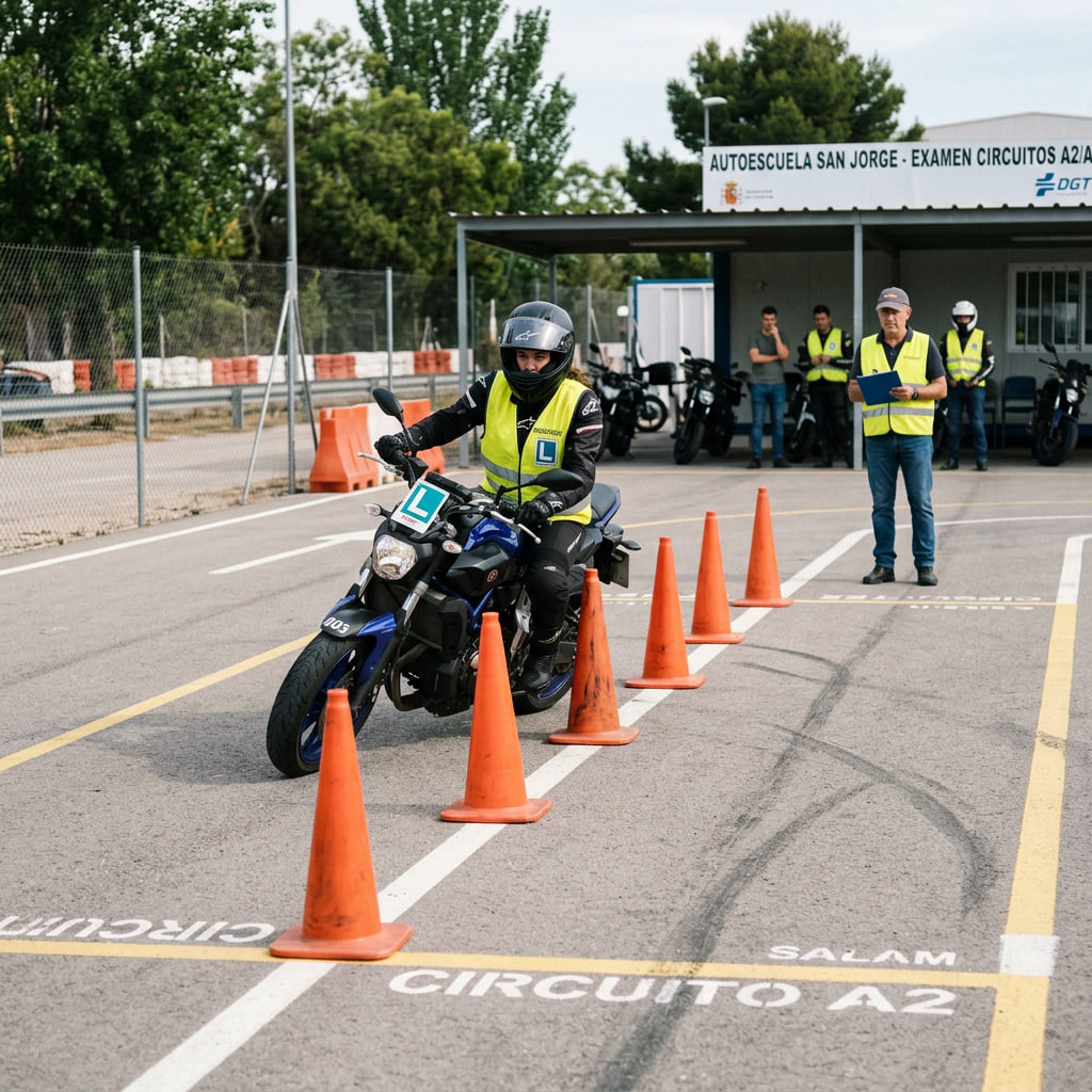 Escena hiperrealista de una prueba de carnet A2 en circuito cerrado, con motorista realizando maniobra de zigzag entre conos bajo supervisión de instructor.