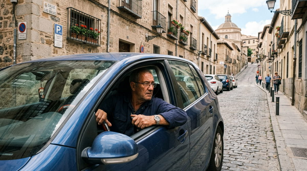Escena realista de un turismo estacionado en pendiente en entorno urbano español, destacando la importancia del uso correcto del freno de estacionamiento.