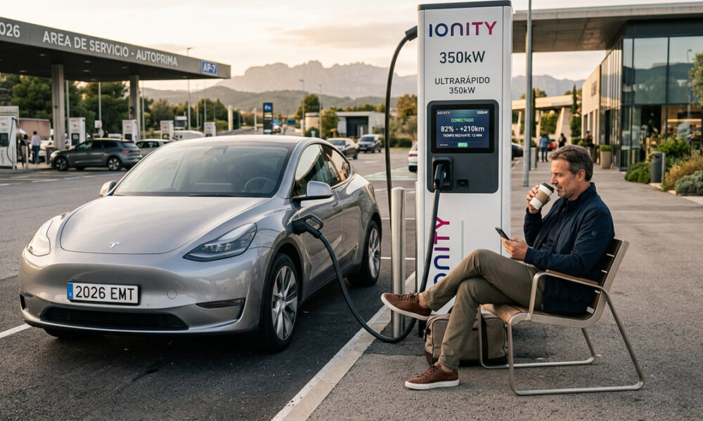 Vehículo eléctrico conectado a un cargador rápido durante una parada en ruta de larga distancia.