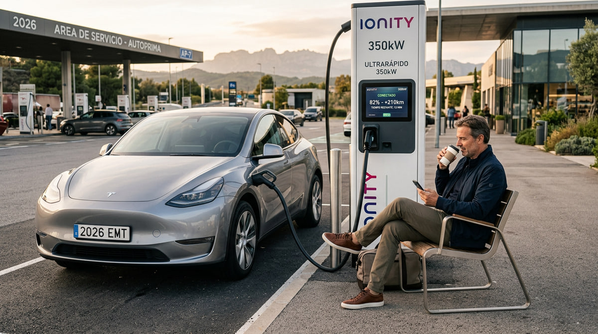 Vehículo eléctrico conectado a un cargador rápido durante una parada en ruta de larga distancia.