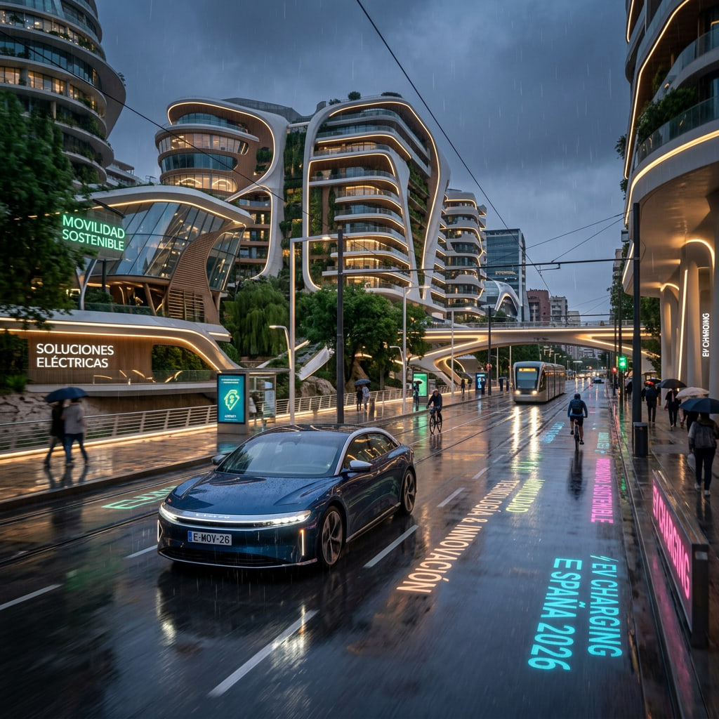 Vehículo eléctrico circulando en entorno urbano moderno con enfoque en movilidad sostenible.