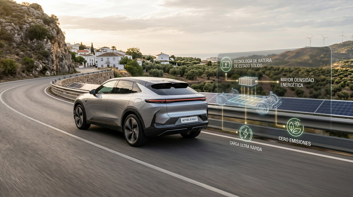 Representación del futuro de la movilidad eléctrica con tecnología de baterías de estado sólido en un entorno de carretera.