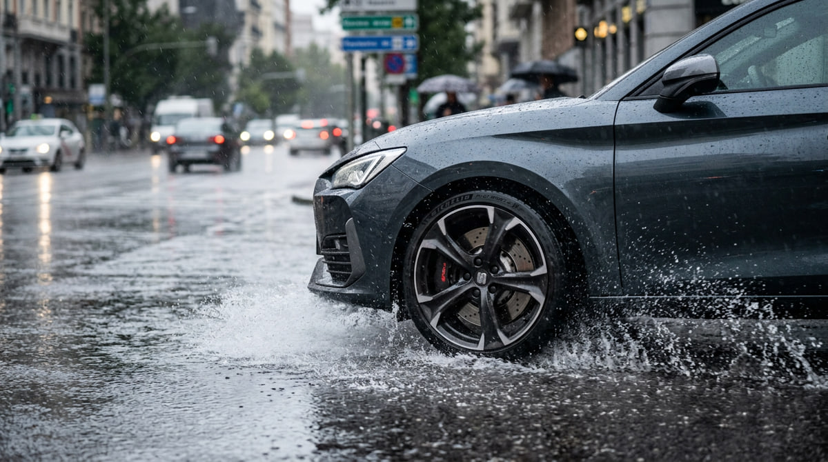 Ilustración realista de un coche reduciendo velocidad en asfalto mojado durante lluvia intensa, mostrando cómo los frenos mojados afectan la distancia de frenado y la seguridad.