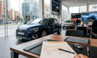 Vehículo nuevo en exposición mostrando etiqueta de emisiones CO2, representando el impacto del impuesto de matriculación en la compra de coches en España 2026.
