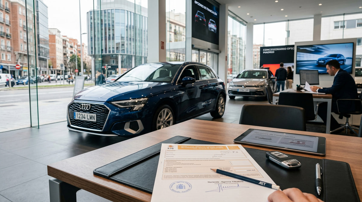 Vehículo nuevo en exposición mostrando etiqueta de emisiones CO2, representando el impacto del impuesto de matriculación en la compra de coches en España 2026.