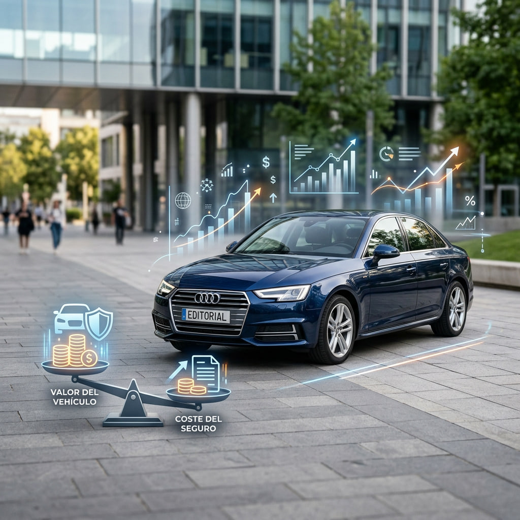Escena conceptual con vehículo y elementos financieros que ilustran la relación entre valor del coche y coste del seguro.