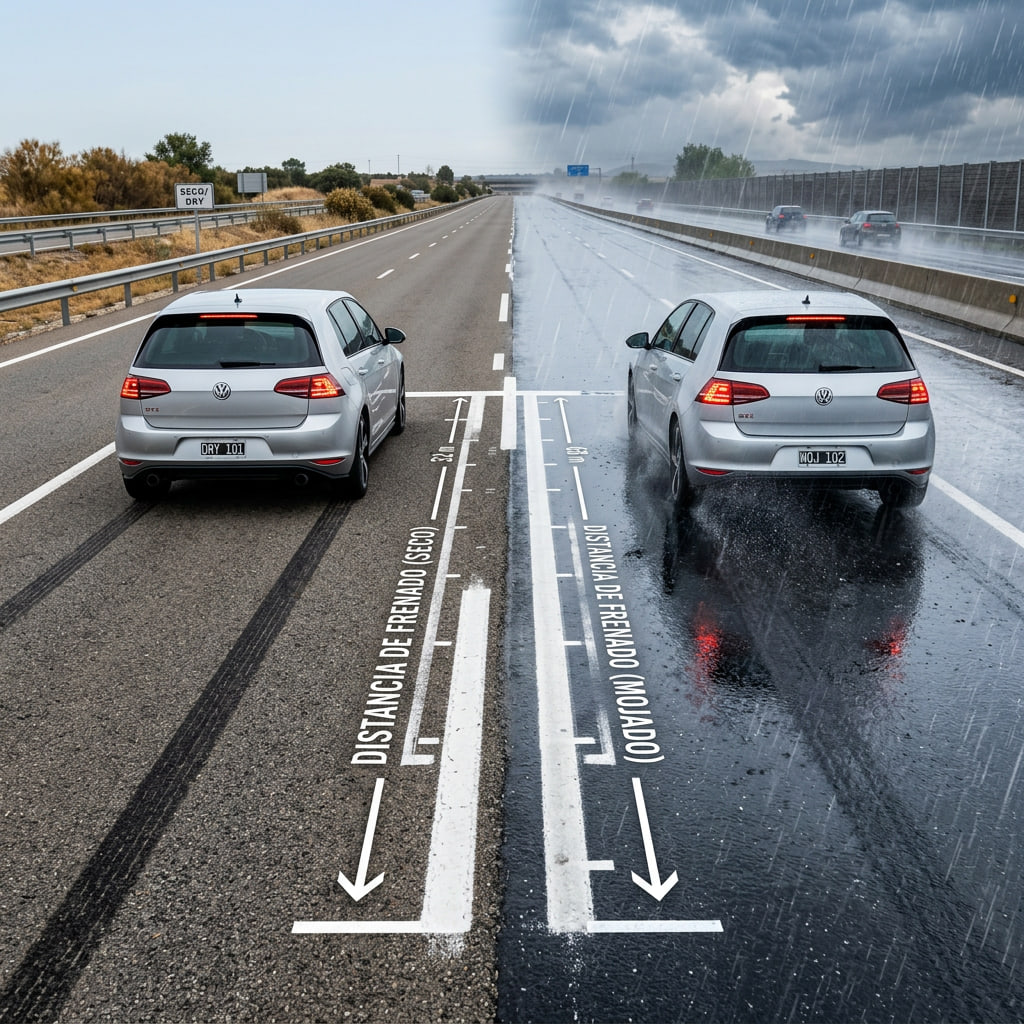 nfografía comparativa que muestra cómo la distancia de frenado se duplica o triplica en condiciones de lluvia frente al asfalto seco, según datos de seguridad vial.
