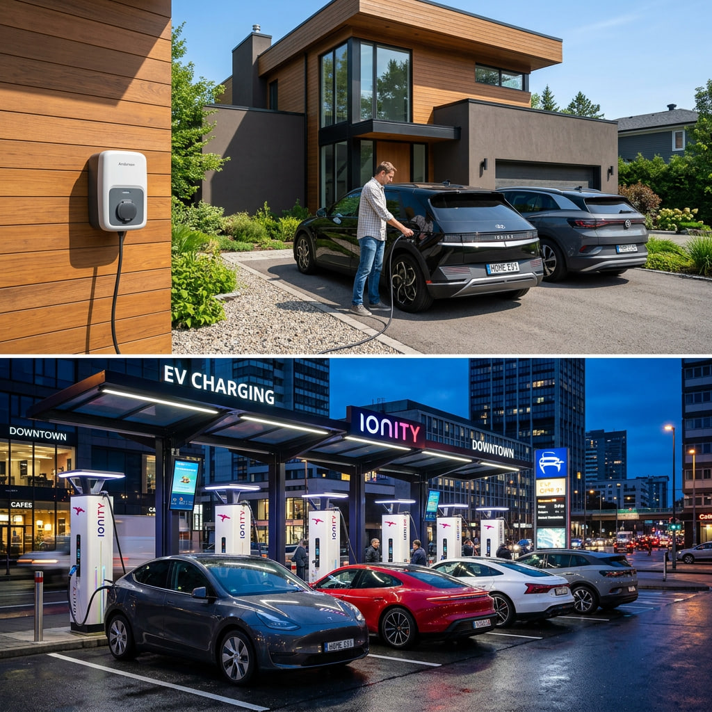 Diferentes opciones de recarga para vehículos eléctricos según el lugar y la potencia disponible.