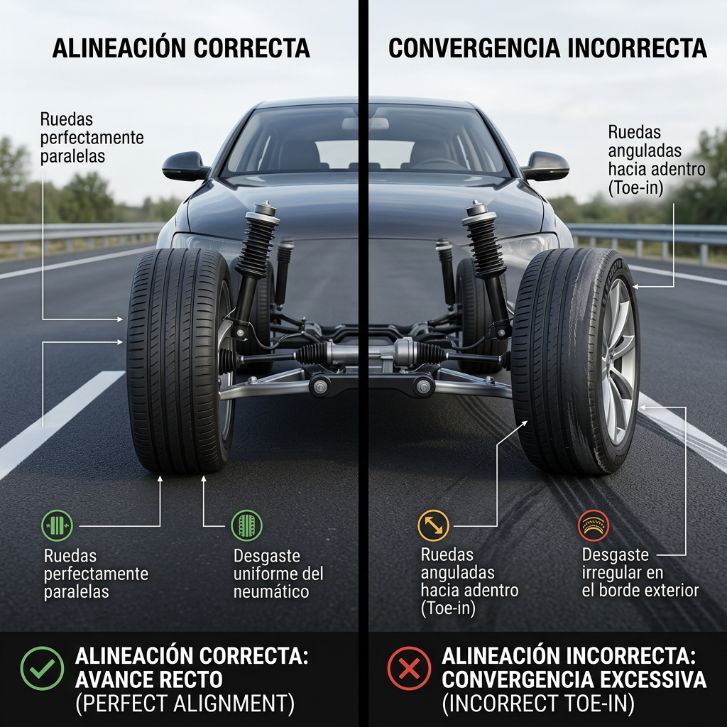 Esquema técnico que muestra los diferentes ángulos de convergencia de las ruedas vistos desde arriba, destacando las diferencias entre convergencia positiva, divergencia y ajuste correcto.