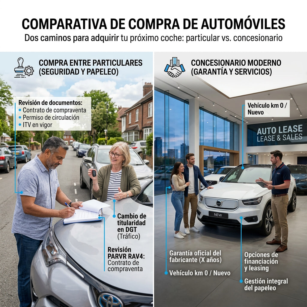Imagen conceptual que muestra la diferencia entre compra privada con documentación y compra en concesionario.