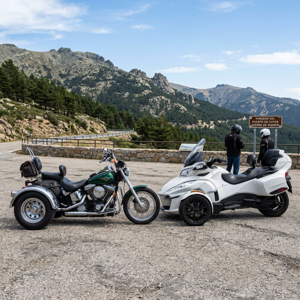 Un trike clásico y un reverse trike aparecen estacionados en un mirador de la Sierra de Madrid, permitiendo observar las diferencias entre ambas configuraciones.