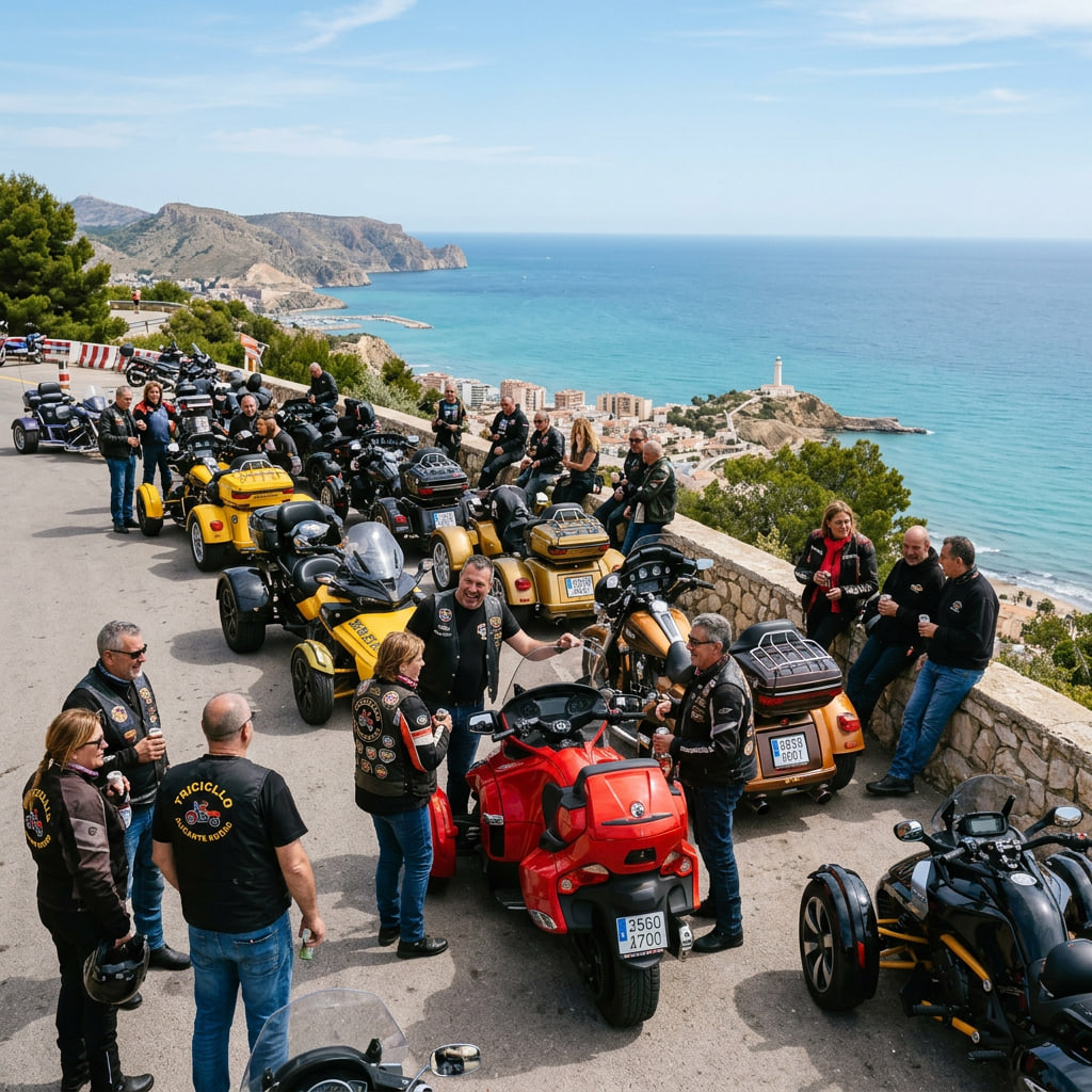Varios trikes participan en una ruta mototurística y permanecen estacionados en un mirador de la provincia de Alicante durante una parada del recorrido.