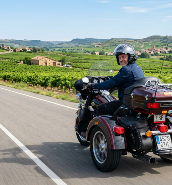 Un conductor viaja en un trike clásico tipo touring por una carretera secundaria rodeada de viñedos en La Rioja, mostrando la estabilidad y comodidad de este tipo de vehículo para trayectos largos.