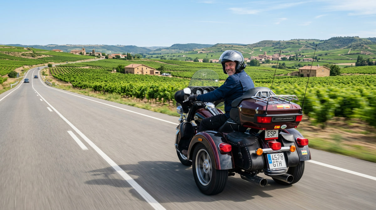 Un conductor viaja en un trike clásico tipo touring por una carretera secundaria rodeada de viñedos en La Rioja, mostrando la estabilidad y comodidad de este tipo de vehículo para trayectos largos.