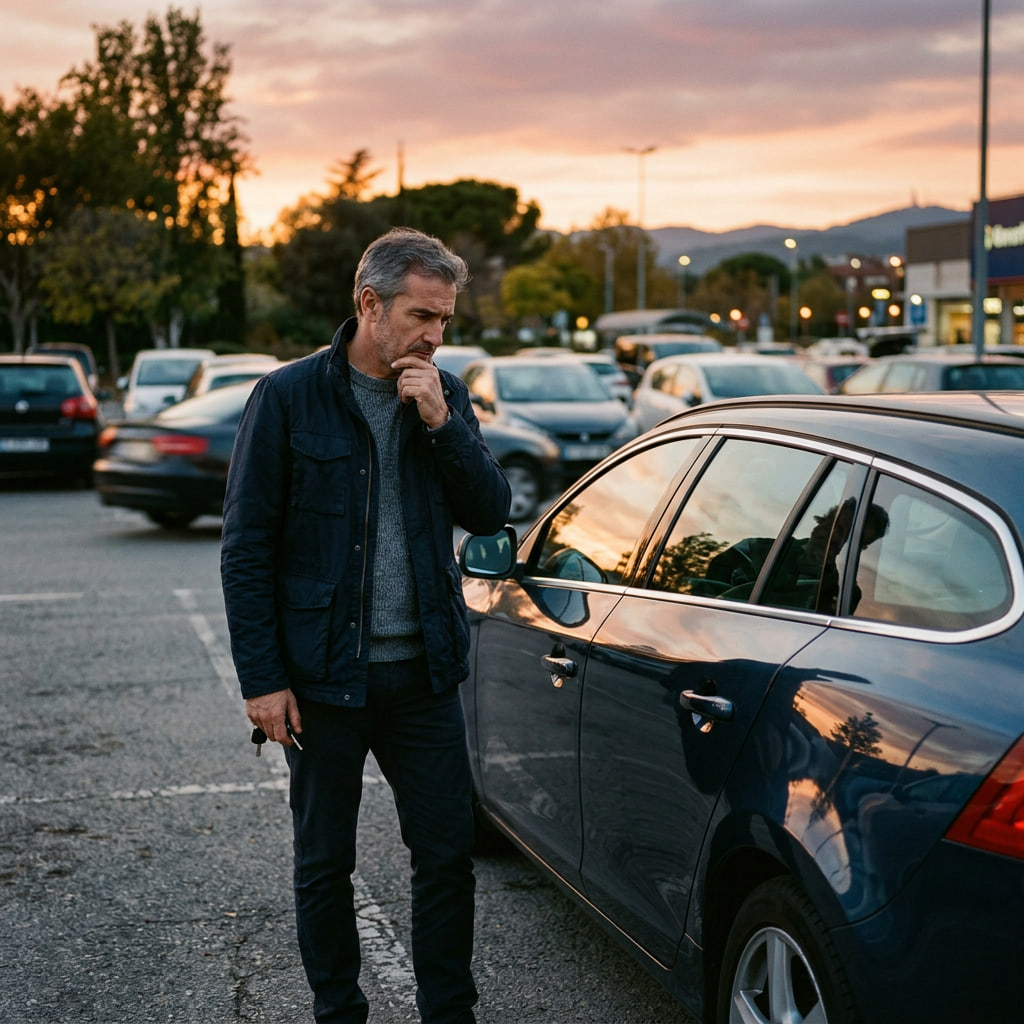 Imagen emocional de un conductor evaluando su vehículo en un parking, simbolizando la decisión entre tipos de seguro.