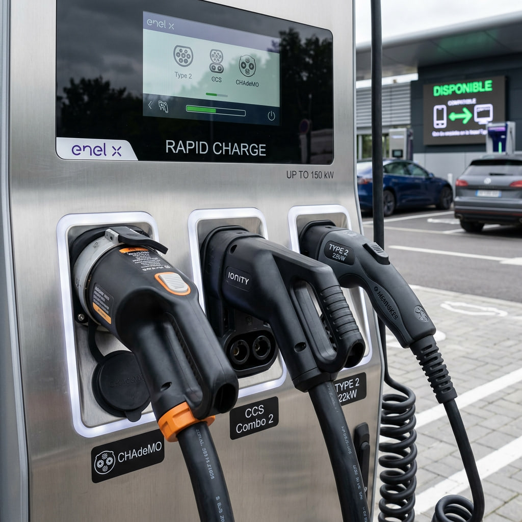 Diferentes estándares de conexión utilizados en estaciones de recarga para coches eléctricos.