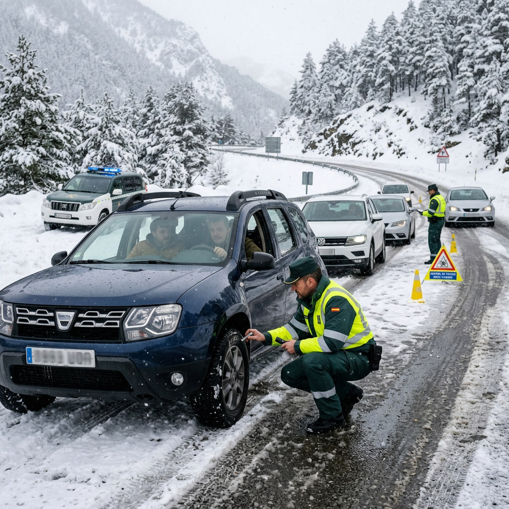 Los agentes de tráfico pueden comprobar que los vehículos equipan neumáticos de invierno con marcaje 3PMSF durante episodios de nieve y restricciones especiales de circulación.