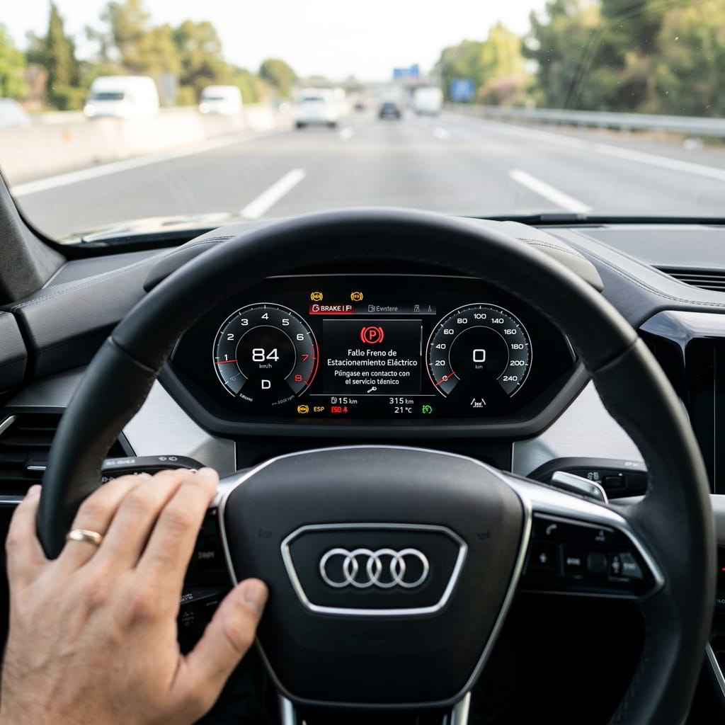 Interior de vehículo moderno mostrando alerta de avería en el sistema de freno de mano eléctrico.