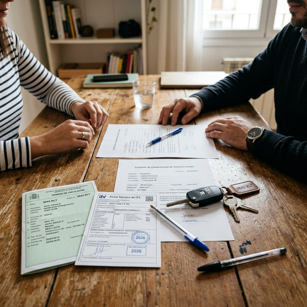 Papeles del vehículo y contrato de compraventa sobre una mesa.