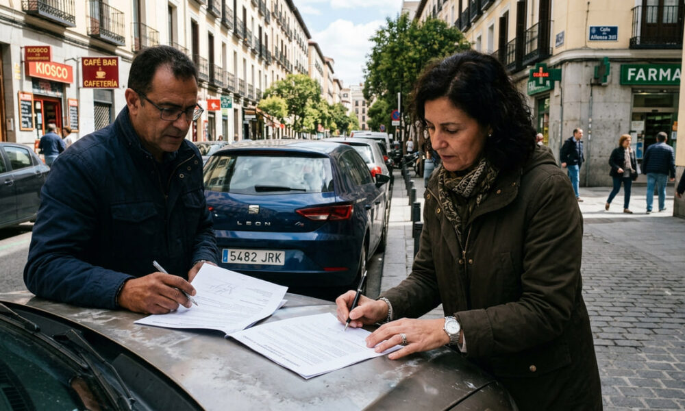 Dos personas firmando un contrato de compraventa de vehículo usado.
