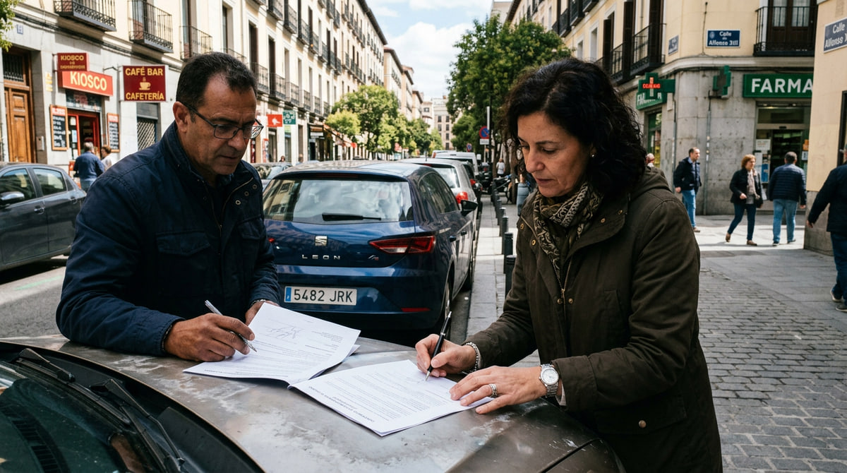 Dos personas firmando un contrato de compraventa de vehículo usado.
