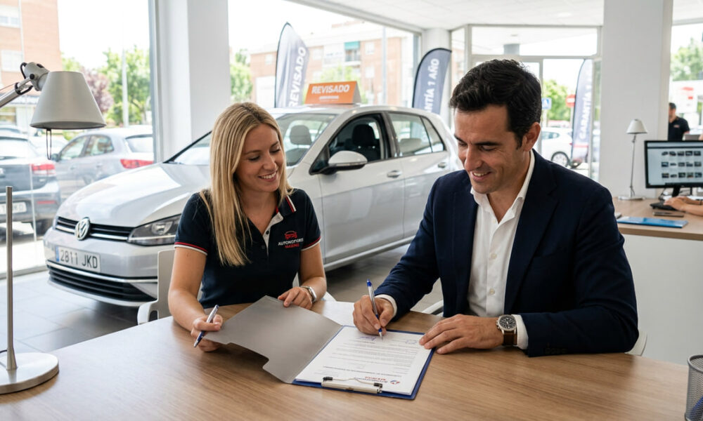 Persona firmando un contrato de compraventa de un vehículo usado en un entorno profesional, reflejando el proceso de compra.